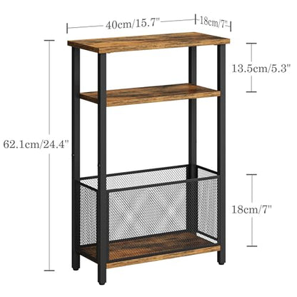 MMEOLUOOK Narrow Side Table with Storage Basket Skinny End Tables for Smalls Spaces 3 Tier Sofa Table Small Nightstand Slim Bedside Table for Living Room Bedroom Rustic Brown MLBZ22RB - color: Rustic Brown