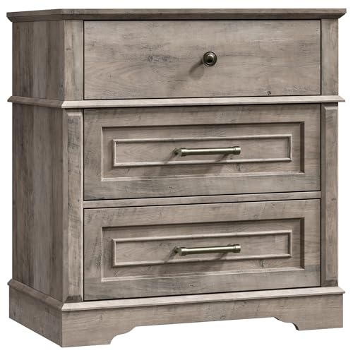 3 Drawer Tall Nightstand with Charging Station, Farmhouse Bedside Table, 27.6" W x 29.5" H, Wide End Table for Bedroom Living Room, End Tables with Charging Station, Greige - color: Greige