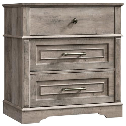3 Drawer Tall Nightstand with Charging Station, Farmhouse Bedside Table, 27.6" W x 29.5" H, Wide End Table for Bedroom Living Room, End Tables with Charging Station, Greige - color: Greige