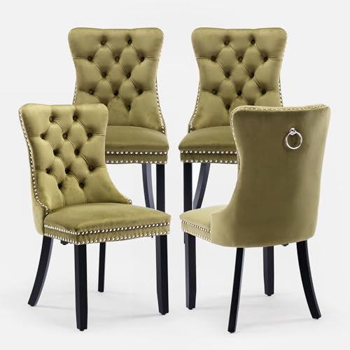 Velvet Upholstered Dining Chairs Set of 4, Modern Style Kitchen Side Chairs with Nailhead Trim and Wood Legs,Metal Pulling Ring for Dining Room Living Room(Olive Green,Set of 4) - color: Olive Green, size: Set of 4