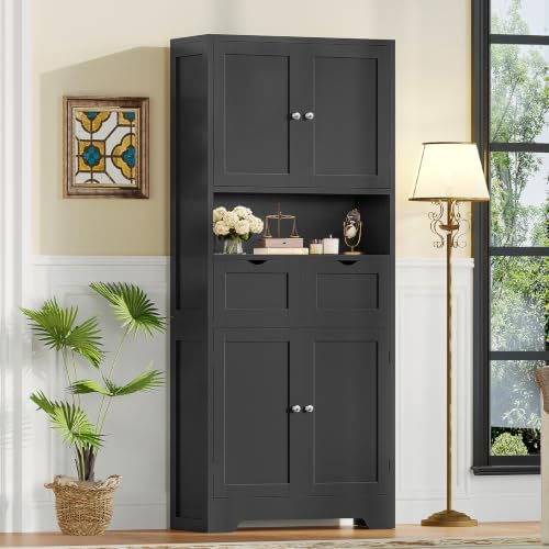 Kitchen Pantry Cabinet with Adjustable Shelf, Tall Storage Cabinet with 2 Drawers & 4 Door Shelves, Food Pantry Cabinets, for Kitchen, Dining Room, Living Room, Black - color: Black