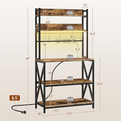 Yaheetech 5-Tier Bakers Rack with Power Outlet & LED Lights,Rustic Brown | 64 Inches Tall Microwave Oven Stand with Storage for Spices,Pots,Engineered Wood and Metal shelves,Coffee Bar Table - color: Rustic Brown