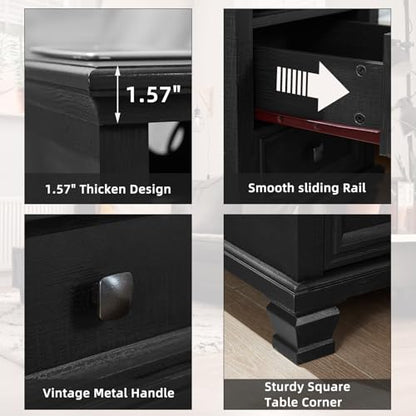 Farmhouse Side Table with Charging Station, Black | Antique Nightstands for Bedroom with Drawers, Bedside Table with Open Shelf & Thickened Top & Square Wooden Legs - color: Black, size: 18"D x 18"W x 25"H (2 Drawers)