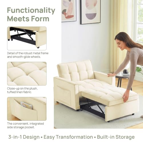 Sleeper Chair with Pull Out Bed, 3 In1 Convertible Chair Bed, White | Adjustable Backrest with Multiple Reclining Positions, Soft Cushioning, Handy Side Pocket, Perfect for Everyday Lounging - color: W-white-m1
