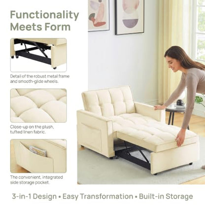 Sleeper Chair with Pull Out Bed, 3 In1 Convertible Chair Bed, White | Adjustable Backrest with Multiple Reclining Positions, Soft Cushioning, Handy Side Pocket, Perfect for Everyday Lounging - color: W-white-m1