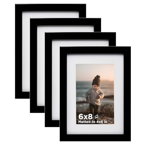 6x8 Picture Frame Black Set of 4, Wooden Photo Frames Matted 4x6 with Plexiglass for 4x6 with Mat or 6x8 without Mat for Table and Wall Display - color: Black, size: 6x8