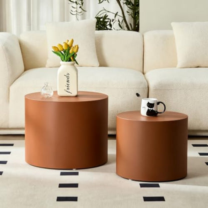 Round Nesting Coffee Table Set of 2 for Living Room, Brown | Saddle Leather Side Tables, 19 in. and 15 in. Accent and End Tables, Wood Frame, 200 lbs Capacity, Bedroom Home Office - color: 19.1" Round Brown