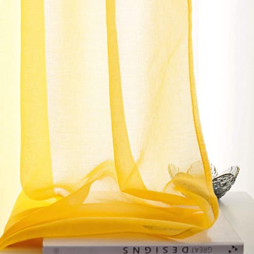 Butter Yellow Sheer Curtains 95 Inches Long 2 Panels Semi Faux Linen Yellow Sheer Curtain for Bedroom Living Room Girls Kids Room 2 Panels 52x95 - color: Butter Yellow, size: 52"W x 95"L (Pack of 2)