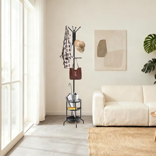 Coat Rack with Umbrella Holder, Coat Rack Freestanding, Metal Coat Tree with 12 Hooks, Modern Coat Hanger Stand for Entryway Living Room Bedroom Office