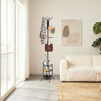Coat Rack with Umbrella Holder, Coat Rack Freestanding, Metal Coat Tree with 12 Hooks, Modern Coat Hanger Stand for Entryway Living Room Bedroom Office