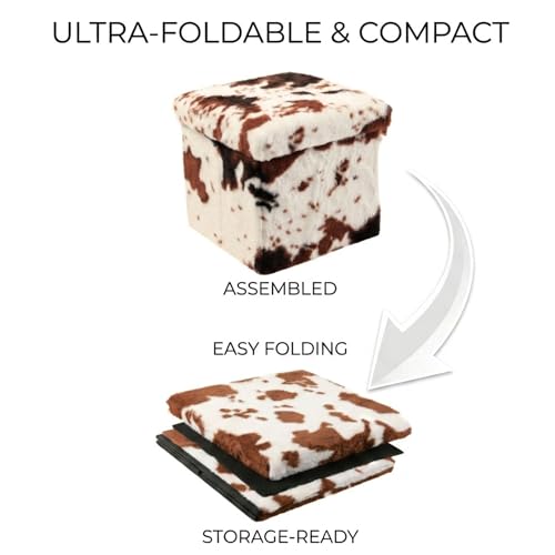 Luxe Faux Fur Storage Ottoman, Cowhide Brown/White, 15 x 15 x 15 in | Engineered Wood, Tool-Free Assembly, Modern Style, Seat And Footrest - color: Cowhide Brown/White, size: 15"D x 15"W x 15"H