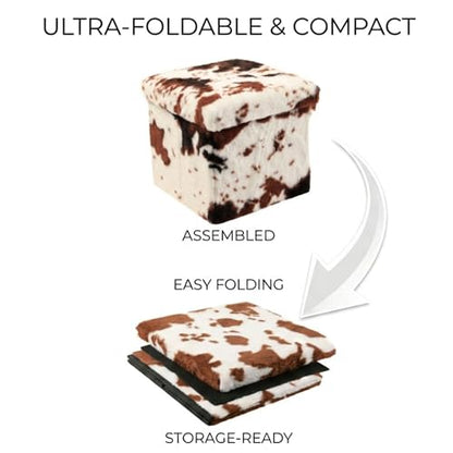 Luxe Faux Fur Storage Ottoman, Cowhide Brown/White, 15 x 15 x 15 in | Engineered Wood, Tool-Free Assembly, Modern Style, Seat And Footrest - color: Cowhide Brown/White, size: 15"D x 15"W x 15"H