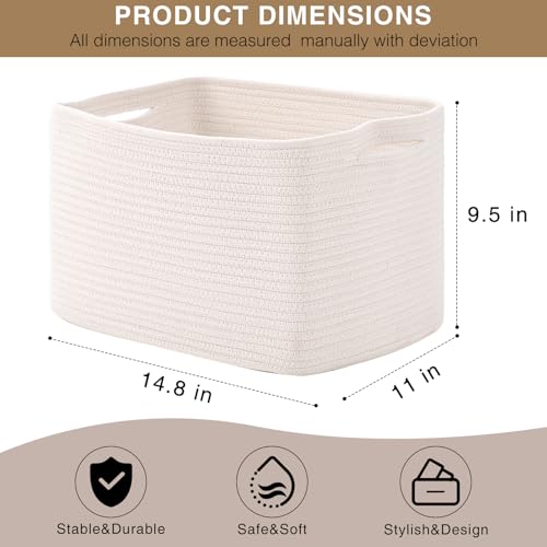 White Storage Baskets for Organizing Shelves, Woven Cotton Rope Basket for Storage, Basket for Toys Clothes Books Shoes, Organization Baskets, 14.8"×11"×9.5", Pack of 3, Off White - color: Off White