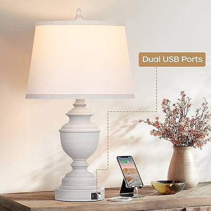Table Lamps Set of 2, Modern Farmhouse Nightstand Lamp with USB Ports, 3-Way Dimmable Touch Control Washed White Bedside Lamps with Off-White Linen Shade for Bedroom Living Room, Bulbs Included | Smart touch, Easy Assembly, Energy-saving LED bulbs, Vintag