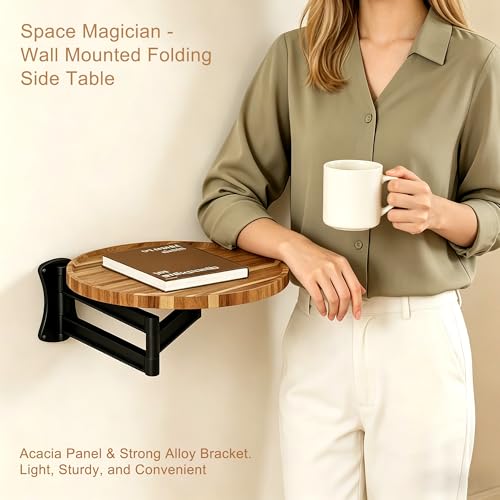 Wall Mounted Folding Table,11" Acacia Bedside Shelf Wall Mount Floating Wall Desk with 36 LBS Capacity for Small Spaces,Round Wood Tabletop with 720° Rotatable Aluminum Alloy Brackets