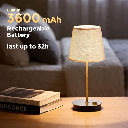 Rechargeable Cordless Table Lamp with Fabric Shade, 2 Pack, Brass | 3600mAh Battery Operated Table Lamp, 2700K Warm Light, Stepless Dimming, for Bedroom, Dining Room, Living Room