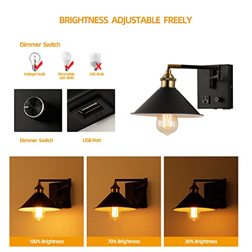 Bedside Wall Mount Light with Dimmable Switch and Outlet, Swing Arm Metal Shade Wall Sconce Light with USB Port and Plug in Cord, Black Wall Lamp for Bedroom, Living Room and Hotel - color: Metal Black