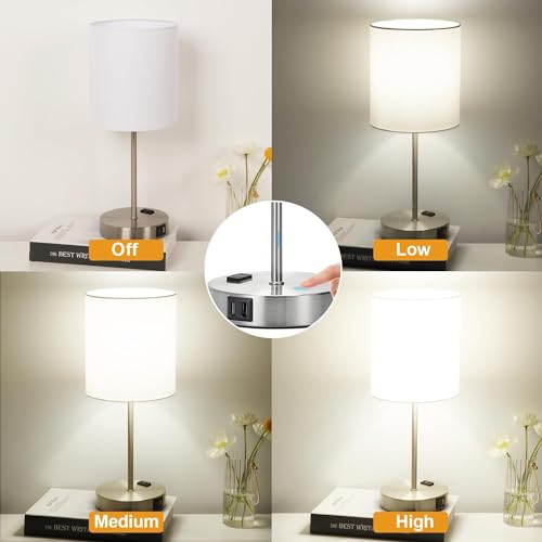 Lynnoland Set of 2 Touch White Table Lamps with 2 USB Ports & AC Outlet, 3-Way Dimmable Bedside Nightstand Lamps for Bedroom Living Room Nursery, 800 Lumens 5000K Daylight Bulbs Included - color: (2 Pack)White & Brushed Nickel(Base)-5000K Bulbs Included