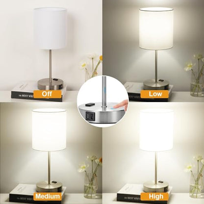 Lynnoland Set of 2 Touch White Table Lamps with 2 USB Ports & AC Outlet, 3-Way Dimmable Bedside Nightstand Lamps for Bedroom Living Room Nursery, 800 Lumens 5000K Daylight Bulbs Included - color: (2 Pack)White & Brushed Nickel(Base)-5000K Bulbs Included