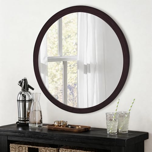 CULER Round Mirror 36 Inch for Bathroom, Dark Walnut, Wood Grain Pattern | Rustic Tempered Wall Mirror, Farmhouse Vanity Circle Mirror, For Living Room, Entryway or Bedroom - color: Dark Brown, size: 36"L x 36"W