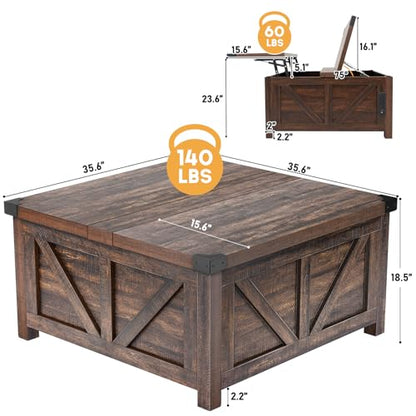 jimeimen Farmhouse Lift Top Coffee Table with Storage, Wood Square Center Table with Charging Station&USB Port, Living Room Table w/Large Hidden Space, for Living Room, Bedroom, Home Office, Brown - color: Brown