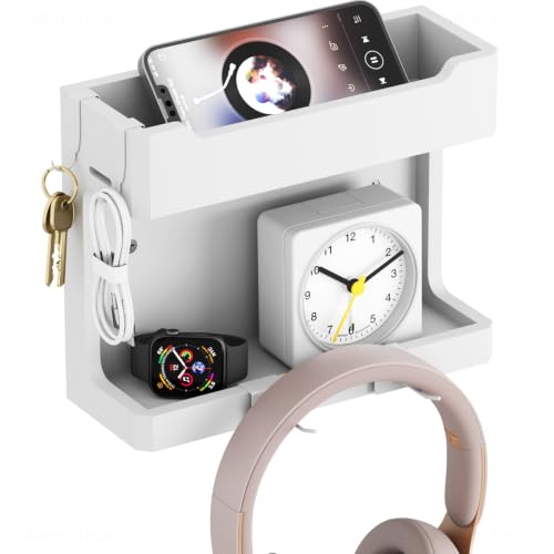 NiHome Bedside Wall Shelf Organizer, Wood 2-Tier Floating Nightstand, White | Dual Mount Adhesive Or Screw, 4 DIY Hooks, Cell Phone Glasses Holder, College Dorm Room Essentials - color: White, size: Small