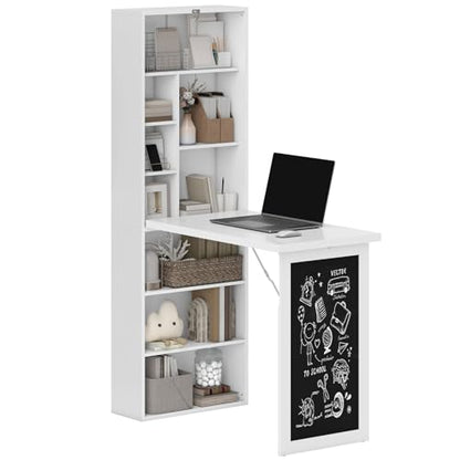 Foldable Wall Mounted Desk with Storage Shelves & Blackboard, Fold-Out Convertible Writing Table for Small Spaces | Space-Saving Floating Computer Desk for Home Office (White) - color: White
