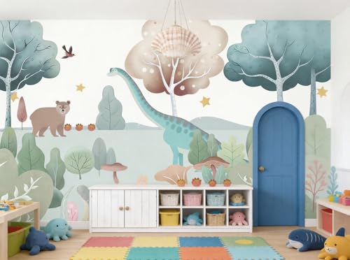 ASJ Dinosaur Peel and Stick Wallpaper Mural, Nursery Woodland Mint Green | Seamless edge-to-edge match. Bear mushroom nature artwork, 118x78 in, premium fabric, boys girls room playroom. - color: mint green, size: 118" x 78"