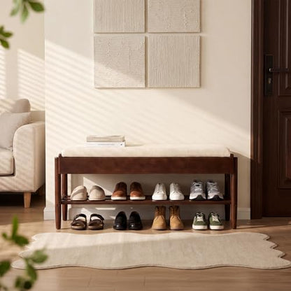 YEPDIN 39.3" Solid Wood Shoe Rack Bench with Flip-Top Storage,2 Tier Shoe Rack Bench with Chenille Cushion,for Entryway, Hallway,Living Room, Bedroom, Closet - color: Walnut