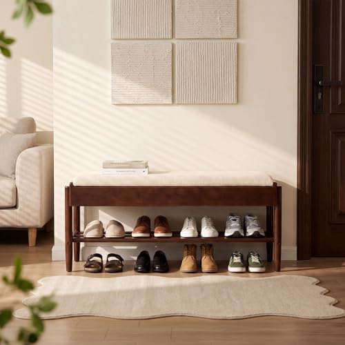 YEPDIN 39.3" Solid Wood Shoe Rack Bench with Flip-Top Storage,2 Tier Shoe Rack Bench with Chenille Cushion,for Entryway, Hallway,Living Room, Bedroom, Closet - color: Walnut
