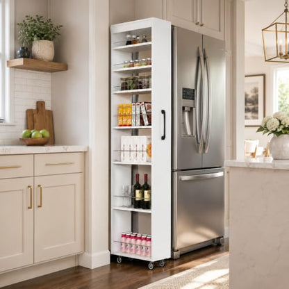 7-Shelf Tall Narrow Storage Cabinet with Wheels, 71 Inch, White | Slim Pull-Out Organizer, 7.87 Inch Wide for Small Spaces Between Washer/Dryer, Kitchen, Bathroom and Laundry Room - color: E-white