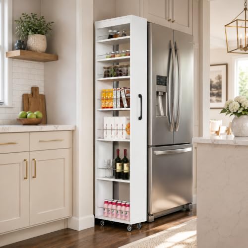 7-Shelf Tall Narrow Storage Cabinet with Wheels, 71 Inch, White | Slim Pull-Out Organizer, 7.87 Inch Wide for Small Spaces Between Washer/Dryer, Kitchen, Bathroom and Laundry Room - color: E-white