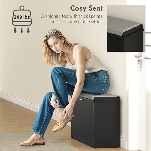 HOMCOM Narrow Shoe Bench with Padded Cushion 31.5x10.2x18.7 Inches Black | Shoe Storage Cabinet, Flip-Drawer, Adjustable Shelf, Small Entryway Bench, Holds up to 265lb - color: Black, size: 31.5" x 10.2" x 18.7"