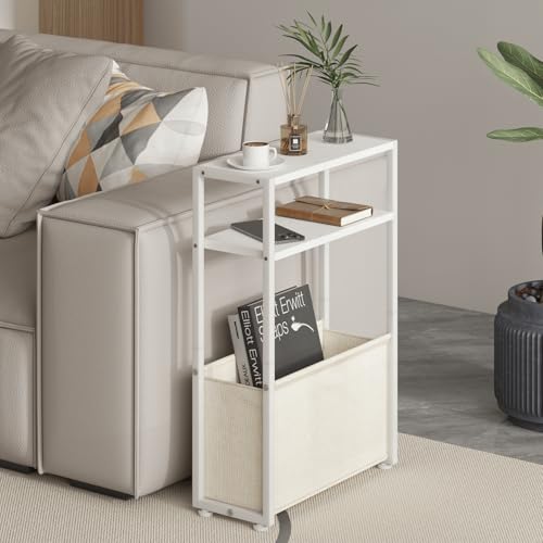 Leomonio Narrow Side Table, Slim End Tables with Fabric Basket, Skinny Table for Small Spaces, Thin Bedside Table for Living Room, Bedroom (1, White + Camel Brown) - color: White + Camel Brown