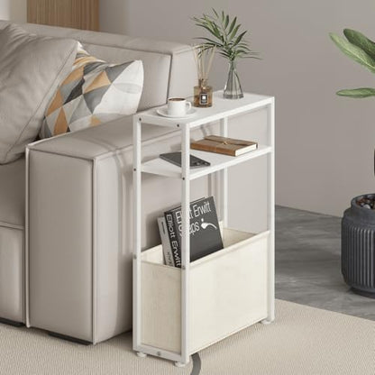 Leomonio Narrow Side Table, Slim End Tables with Fabric Basket, Skinny Table for Small Spaces, Thin Bedside Table for Living Room, Bedroom (1, White + Camel Brown) - color: White + Camel Brown