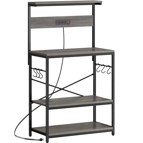 SUPERJARE Bakers Rack with Power Outlets, Microwave Stand, 31.5 X 16.5 Inch Larger Desktop, Kitchen Storage Rack with Adjustable Middle Shelf, 6 S-Shaped Hooks, Coffee Bar Stand, Grey - color: Charcoal Gray, size: 31.5 inch