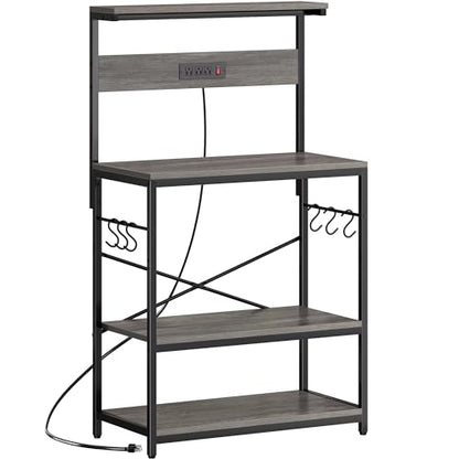 SUPERJARE Bakers Rack with Power Outlets, Microwave Stand, 31.5 X 16.5 Inch Larger Desktop, Kitchen Storage Rack with Adjustable Middle Shelf, 6 S-Shaped Hooks, Coffee Bar Stand, Grey - color: Charcoal Gray, size: 31.5 inch