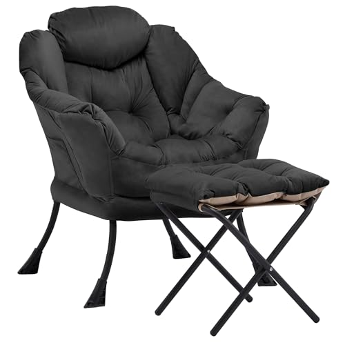Lazy Chair with Ottoman, Comfy Reading Chair, Black | Cushioned Seat with Foldable Ottoman and Side Pocket, Lounge Chair for Bedroom, Living Room, Dorm and Small Spaces - color: Black