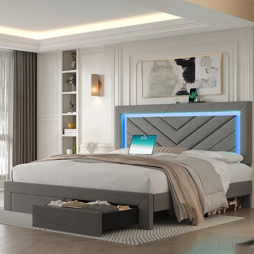 Full Size Bed Frame with Adjustable Headboard and Storage Drawer, Upholstered Bed Frame Full with RGB LED Lights and Charging Station, Easy Assembly, No Box Spring Needed, Grey - color: Grey, size: Full