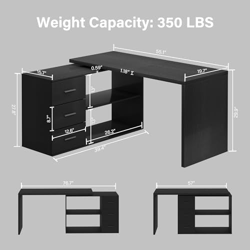 HSH 55-76 Inch Black Farmhouse L Shaped Desk with Drawers 360 Rotating | Office Desk Conner Coumputer Desk With storage Long For Work,Executive,Study,Writing,Teacher,Bedroom,Modern Gaming Table - color: Black