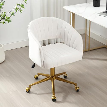 Desk Chair with Wheels, Gold Base, Velvet Accent Vanity Armchair, Off-White | Spacious‌ Soft Seat, Swivel Height Adjustable, Rocking Function, Modern Stripe for Girls &Women Bedroom Makeup or Nail - color: Off-white Cream Velvet