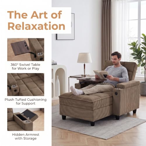 Convertible Sleeper Chair, Pull Out Sofa Bed with Adjustable Backrest & Hidden Storage Armrest, Single Sofa Recliner with USB Charging Port & Cup Holders for Living Room, Bedroom, Coffee - color: C-coffee-l2