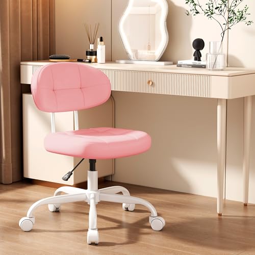 Misolant Vanity Chair with Back, Small Armless Cute Office Chair with Wheels and Lumbar Support, Comfy PU Leather Desk Computer Chairs with Adjustable Height, 360°Swivel for Home Bedroom Office, Pink - color: Pink