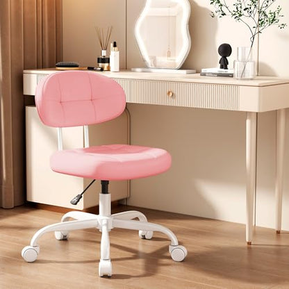 Misolant Vanity Chair with Back, Small Armless Cute Office Chair with Wheels and Lumbar Support, Comfy PU Leather Desk Computer Chairs with Adjustable Height, 360°Swivel for Home Bedroom Office, Pink - color: Pink