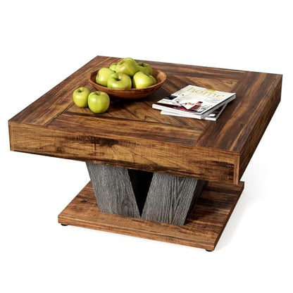 LITTLE TREE Square Coffee Table, Modern Rustic Coffee Table for Living Room, Wooden Table with Adjustable Feet, Brown - color: Brown + Black