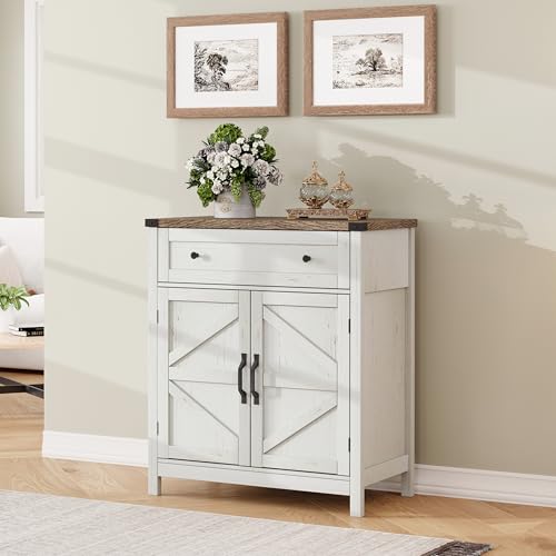 ChooChoo 30" W Coffee Bar Cabinet, Kitchen Storage Cabinet with Drawer | Small Buffet Cabinet, Farmhouse Sideboard Buffet, Adjustable Shelf, Rustic White - color: Rustic White