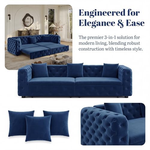 89" 4-Seater Queen Size Pull Out Sofa Bed with 3 Pillows, Blue | 4-Seater Classic Velvet Sofa with Tufted Design,3 Pillows,89" Extra Large 3-in-1 Pull Out Sofa - color: Q-blue-w01