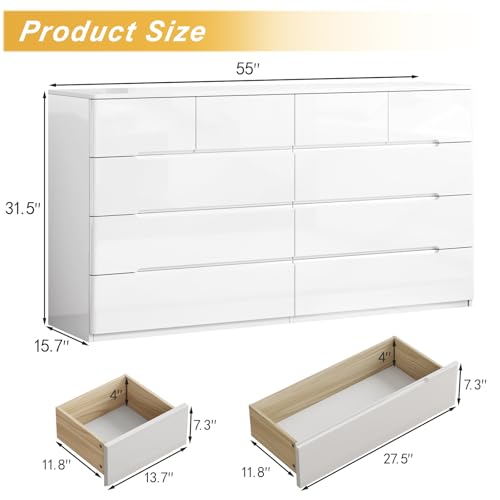 10 Drawer Dresser for Bedroom, 55" Long High Gloss Dresser, White | Modern Dresser Chest of Drawers, Handle-less Design, High Gloss Panel, Dresser TV Stand, Wooden Dressers for Bedroom, Closet - color: White, size: 15.7"D x 55"W x 31.5"H (10 Drawers)