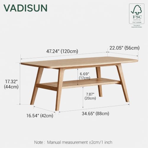100% Solid Wood Coffee Table for Living Room, 47.24" Mid Century Modern Tables with Shelf Storage, 2-Tier Coffee Table with Rounded Corners (Oak Wood Log Color) - color: Natural, size: 47.24"L x 22.05"W x 17.32"H