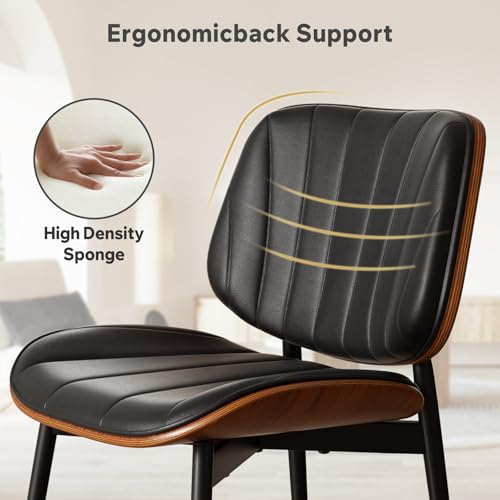 Dining Chairs Set of 2, Mid Century Modern Dining Room Chair, Upholstered Faux Leather Kitchen Chairs with Walnut Bentwood Back and Metal Legs for Kitchen Dining Room Living Room, Black - color: Black, size: Set of 2